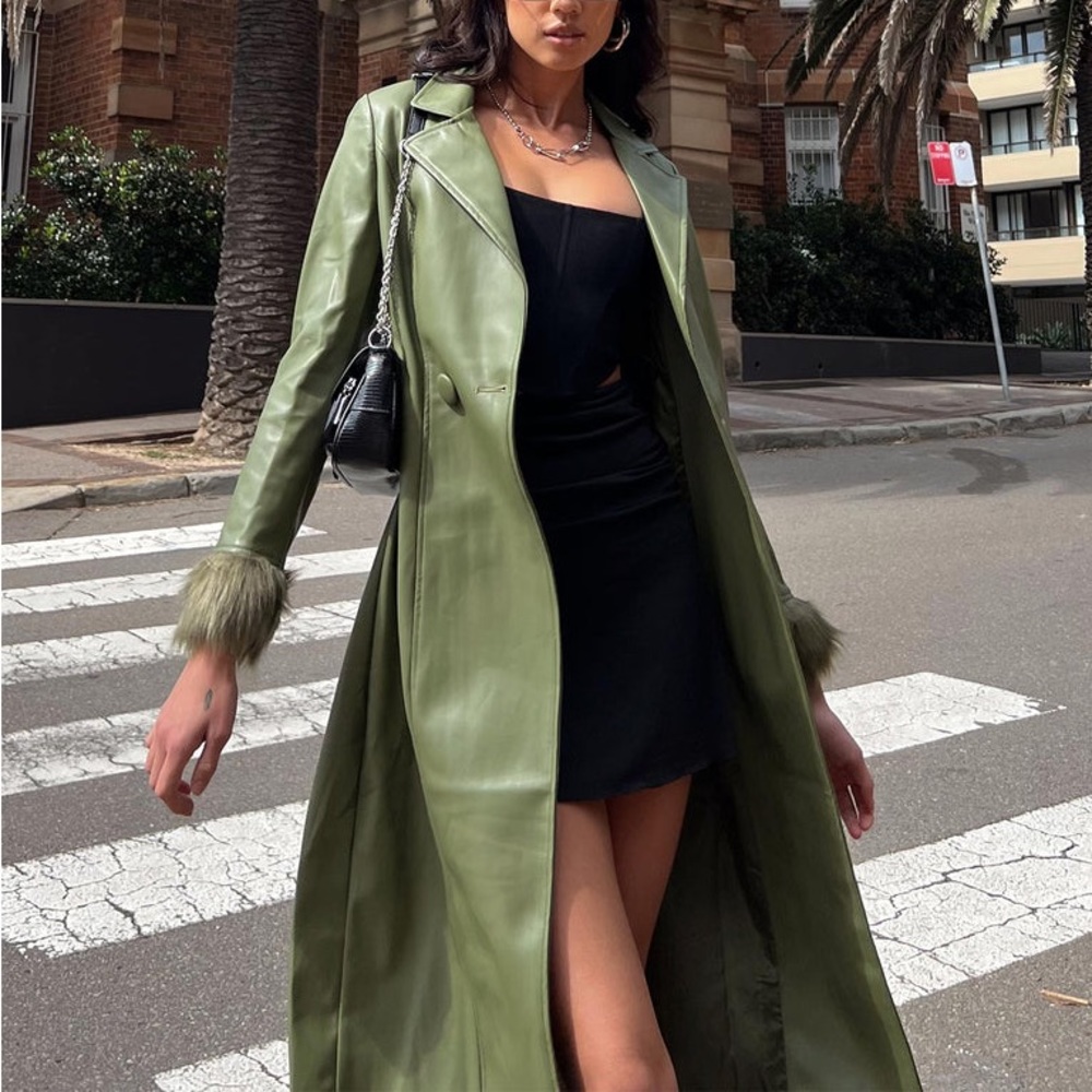 Princess Polly PU Green Faux Leather Coat